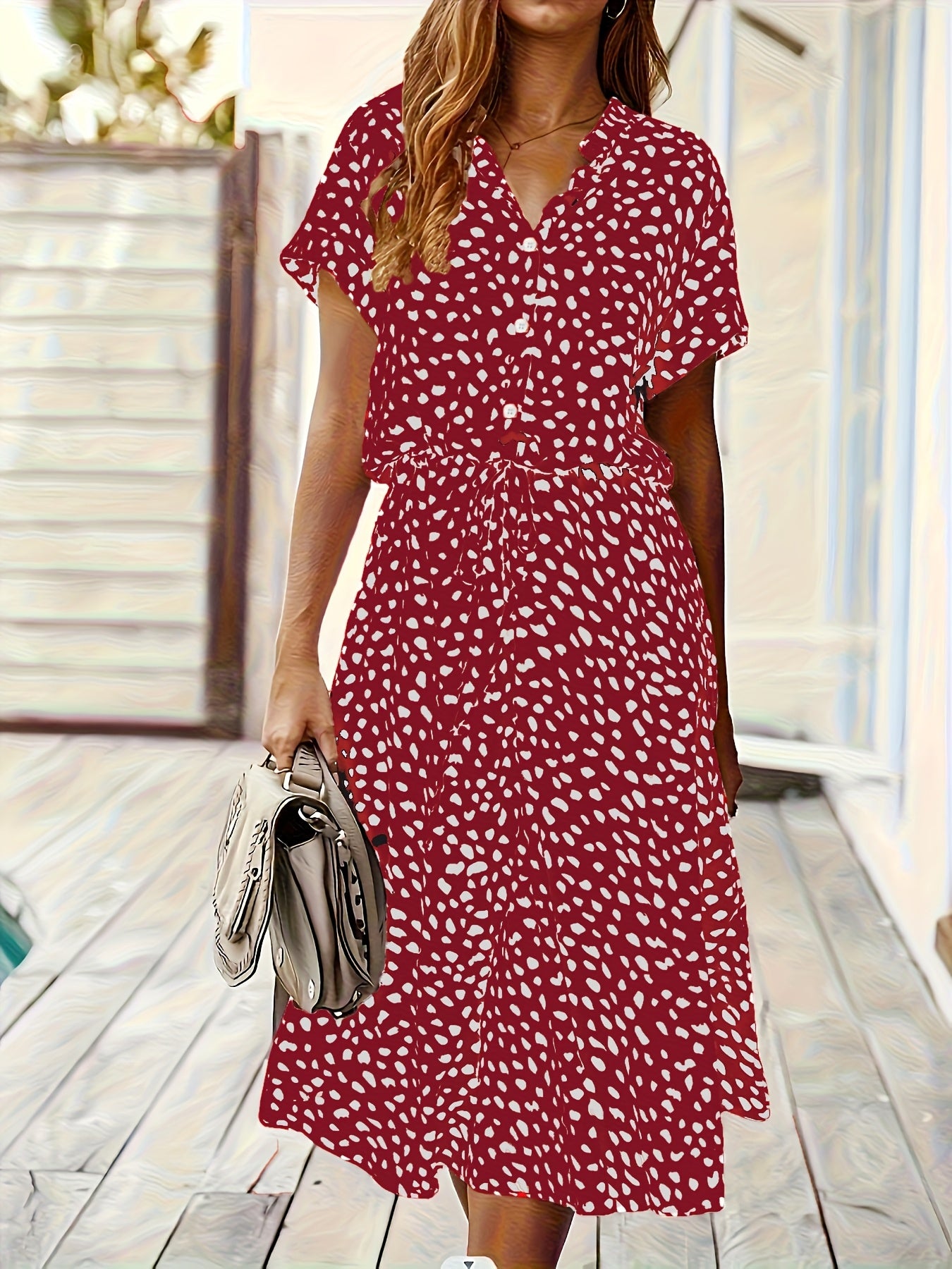 Elegant Multicolor Polka Dot Midi Dress for Women with Collar Short Sleeve Button Front Tie Waist Style