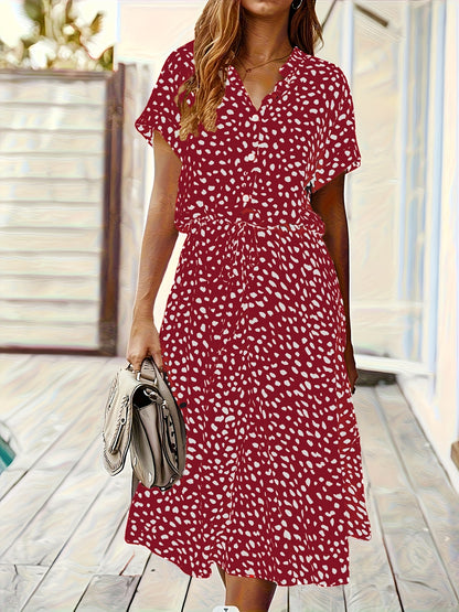 Elegant Multicolor Polka Dot Midi Dress for Women with Collar Short Sleeve Button Front Tie Waist Style