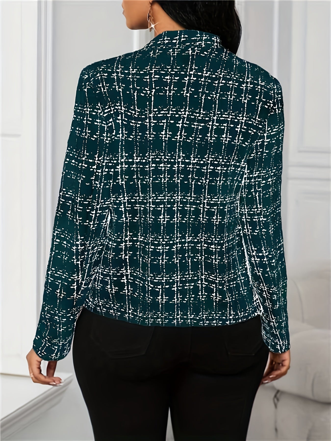 Elegant Plaid Tweed Blazer for Women with Lapel Collar Long Sleeve Open Front Cropped Casual Style