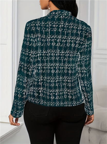 Elegant Plaid Tweed Blazer for Women with Lapel Collar Long Sleeve Open Front Cropped Casual Style