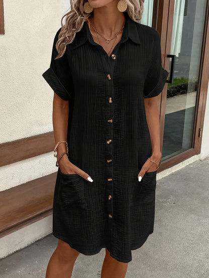 Effortless Textured Cotton Shirt Dress for Women with Collar Short Sleeve Button Front Relaxed Casual Style