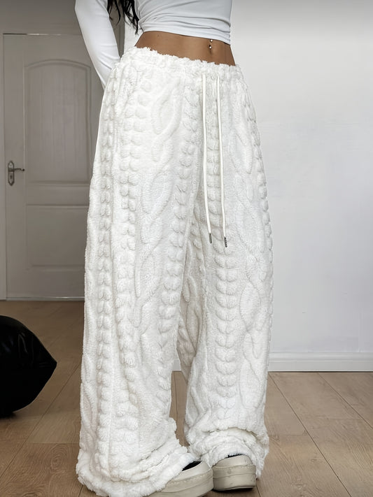 Comfortable White Cable Knit Fleece Pants for Women with High Waist Drawstring Wide Leg Relaxed Style