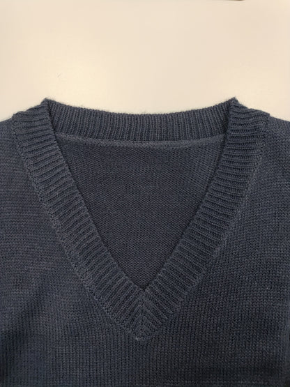 Comfortable Dark Blue Knit Sweater Vest for Women with V Neck Sleeveless Ribbed Trim Relaxed Style