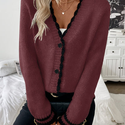 Comfortable Contrast Trim Cardigan Sweater for Women with V Neck Long Sleeve Button Front Knit Style