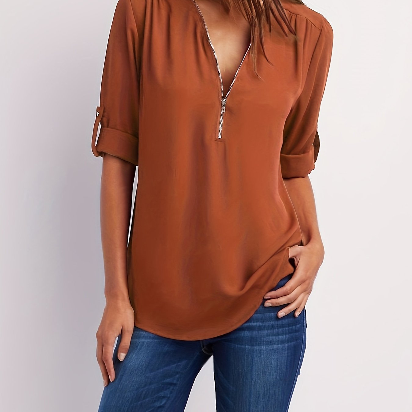 Effortless Chiffon Blouse for Women with V Neck Zip Front Roll Tab Sleeve Relaxed Style