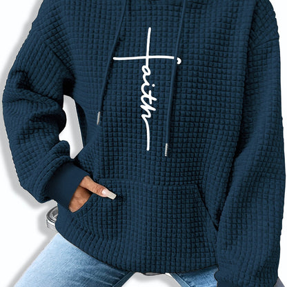 Comfortable Waffle Knit Graphic Hoodie for Women with Drawstring Long Sleeve Kangaroo Pocket Oversized Style