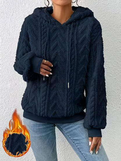 Comfortable Cable Knit Fleece Hoodie for Women with Drawstring Hood Long Sleeve Ribbed Cuff Oversized Style