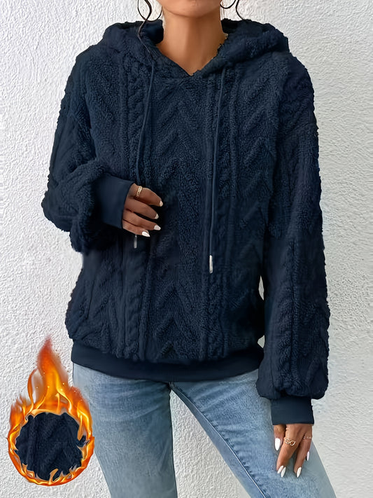 Comfortable Cable Knit Fleece Hoodie for Women with Drawstring Hood Long Sleeve Ribbed Cuff Oversized Style