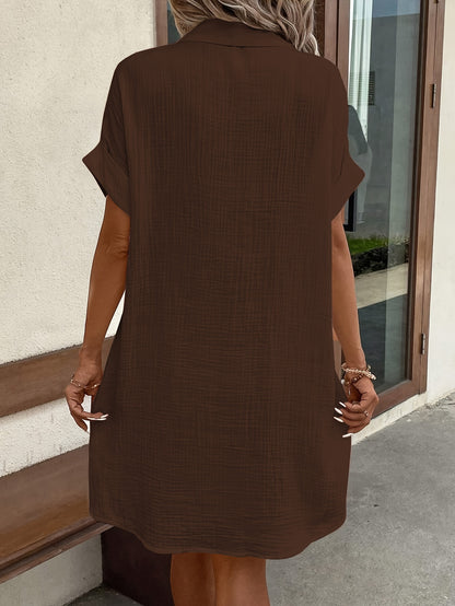 Effortless Textured Cotton Shirt Dress for Women with Collar Short Sleeve Button Front Relaxed Casual Style