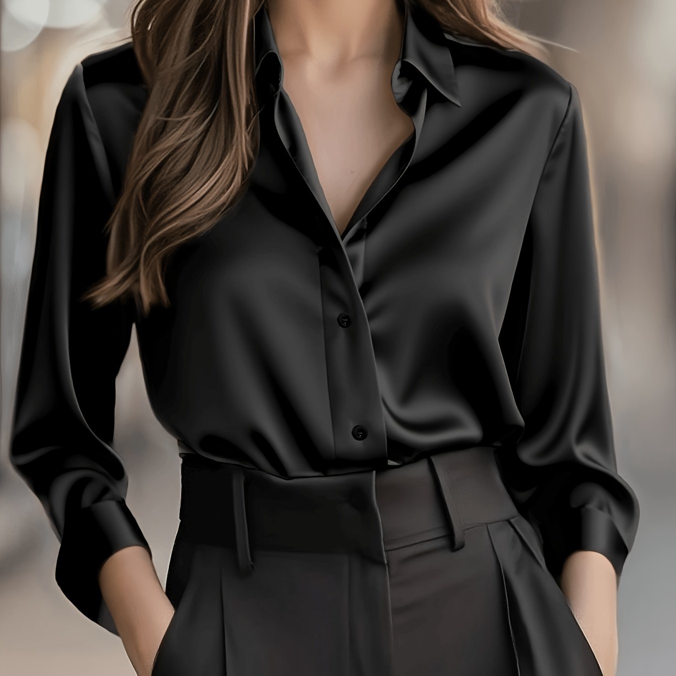 Elegant Satin Blouse for Women with Collar Long Sleeve Button Front Relaxed Silky Style