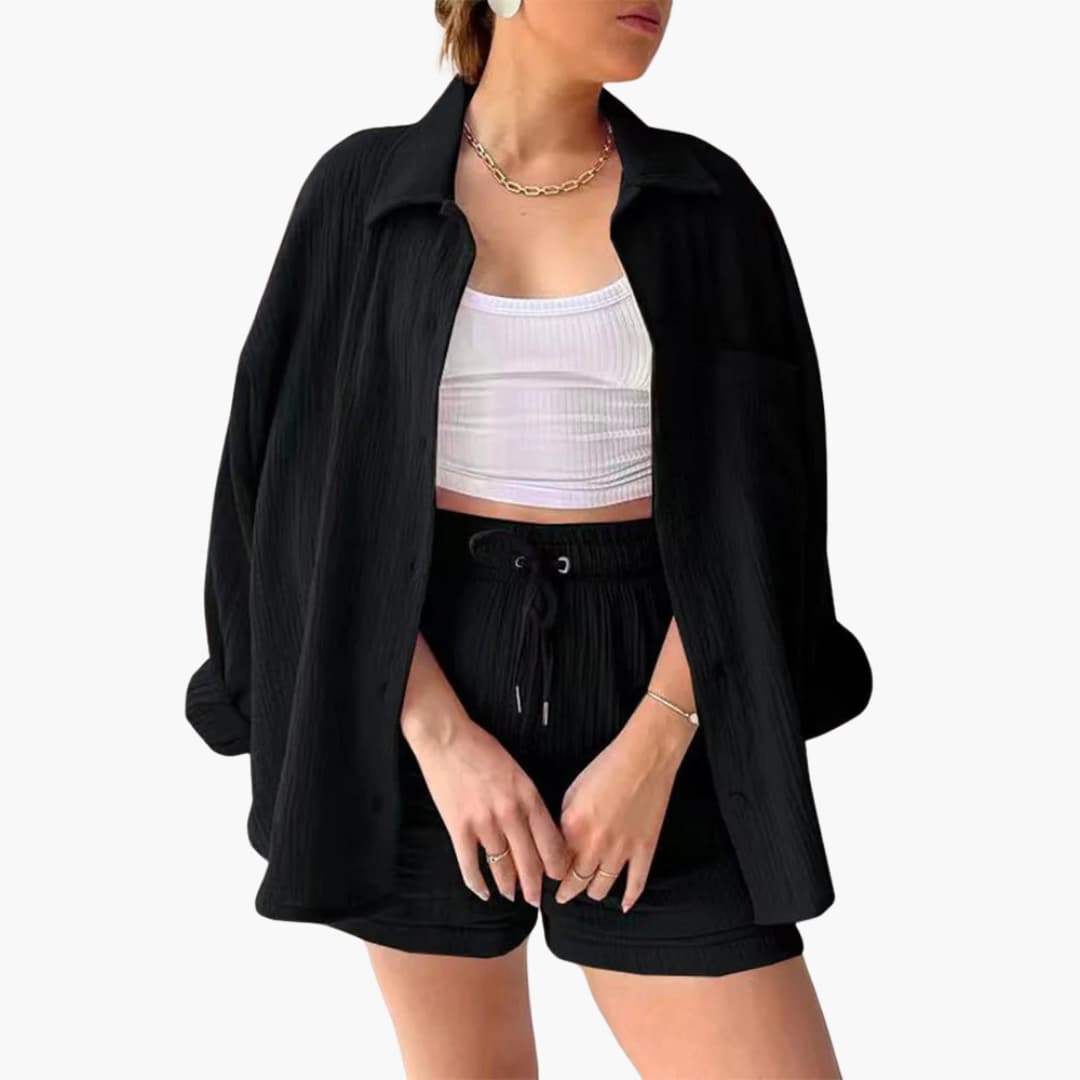Effortless Cotton Gauze Two Piece Set for Women with Collared Button Front Long Sleeve Drawstring Shorts Relaxed Style
