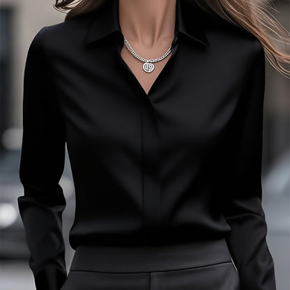 Elegant Satin Blouse for Women with Collar Long Sleeve Button Front Relaxed Silky Style
