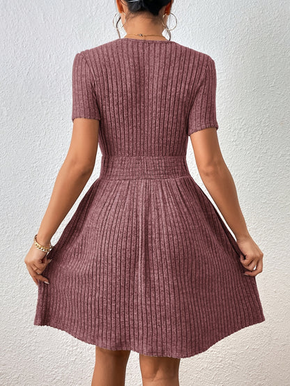Comfortable Ribbed Knit Fit and Flare Mini Dress for Women with Round Neck Short Sleeve Smocked Waist Casual Style