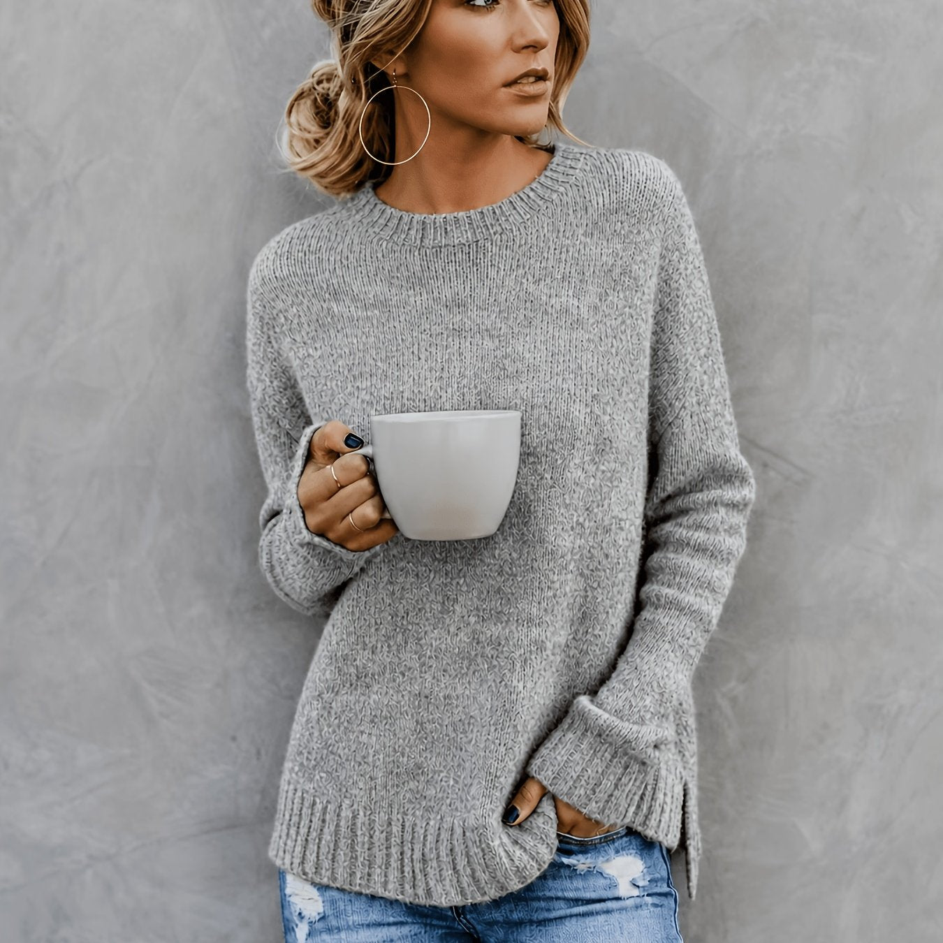 Comfortable Knit Sweater for Women with Crew Neck Bell Sleeve Side Slit Oversized Style