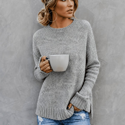 Comfortable Knit Sweater for Women with Crew Neck Bell Sleeve Side Slit Oversized Style