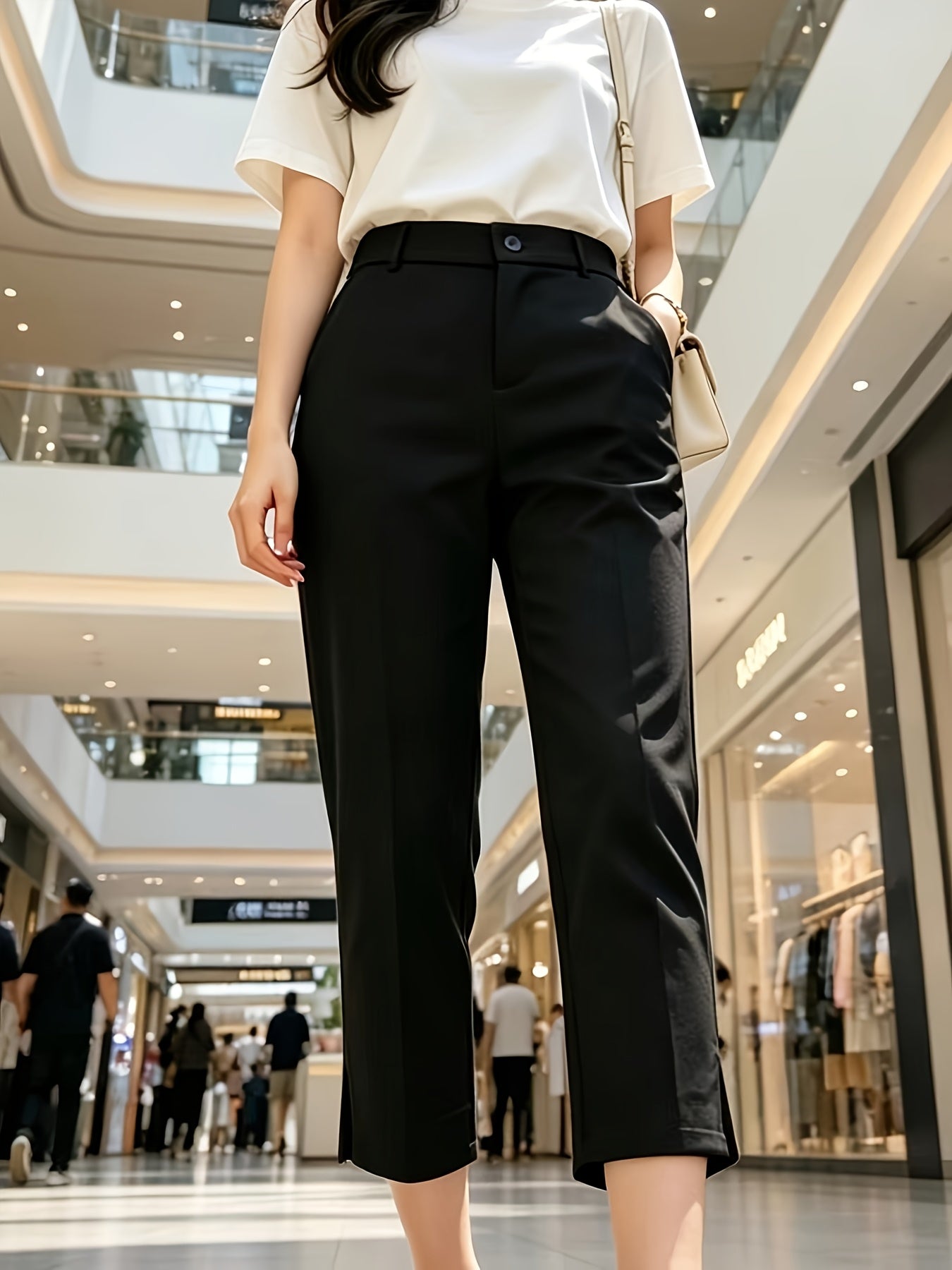 Elegant Tailored Dress Pants for Women with High Waist Button Front Side Slit Cropped Style