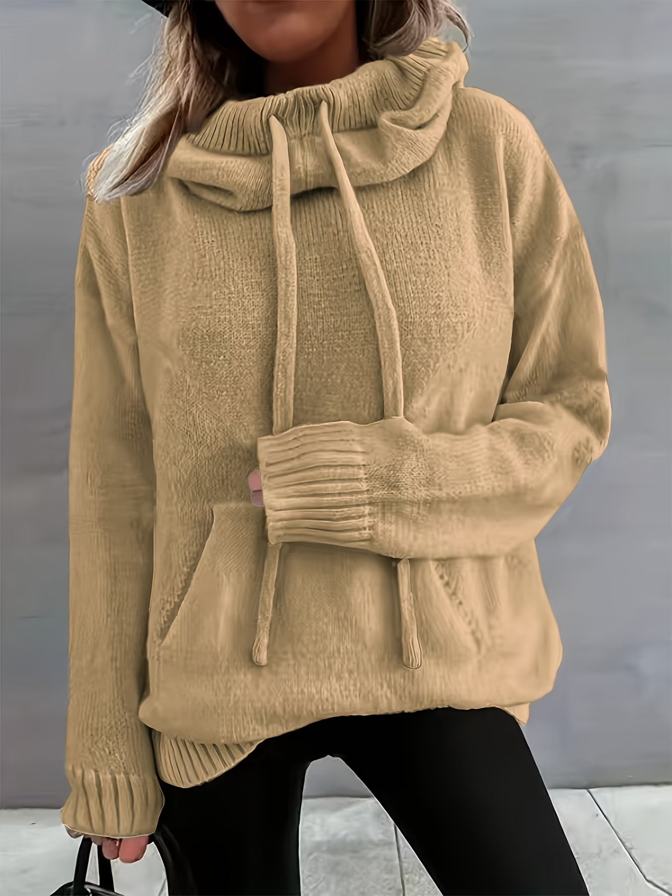 Comfortable Knit Sweater for Women with Cowl Neck Long Sleeve Drawstring Oversized Relaxed Style