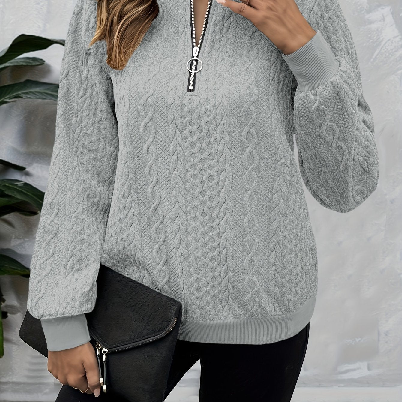 Comfortable Cable Knit Sweater for Women with Quarter Zip Mock Neck Long Sleeve Relaxed Casual Style