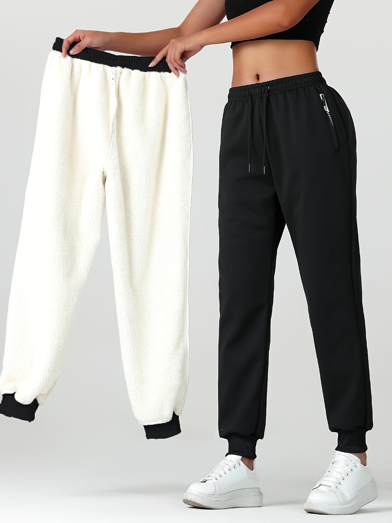 Comfortable Fleece Lined Jogger Sweatpants for Women with Elastic Waistband Drawstring Zip Pocket Relaxed Style