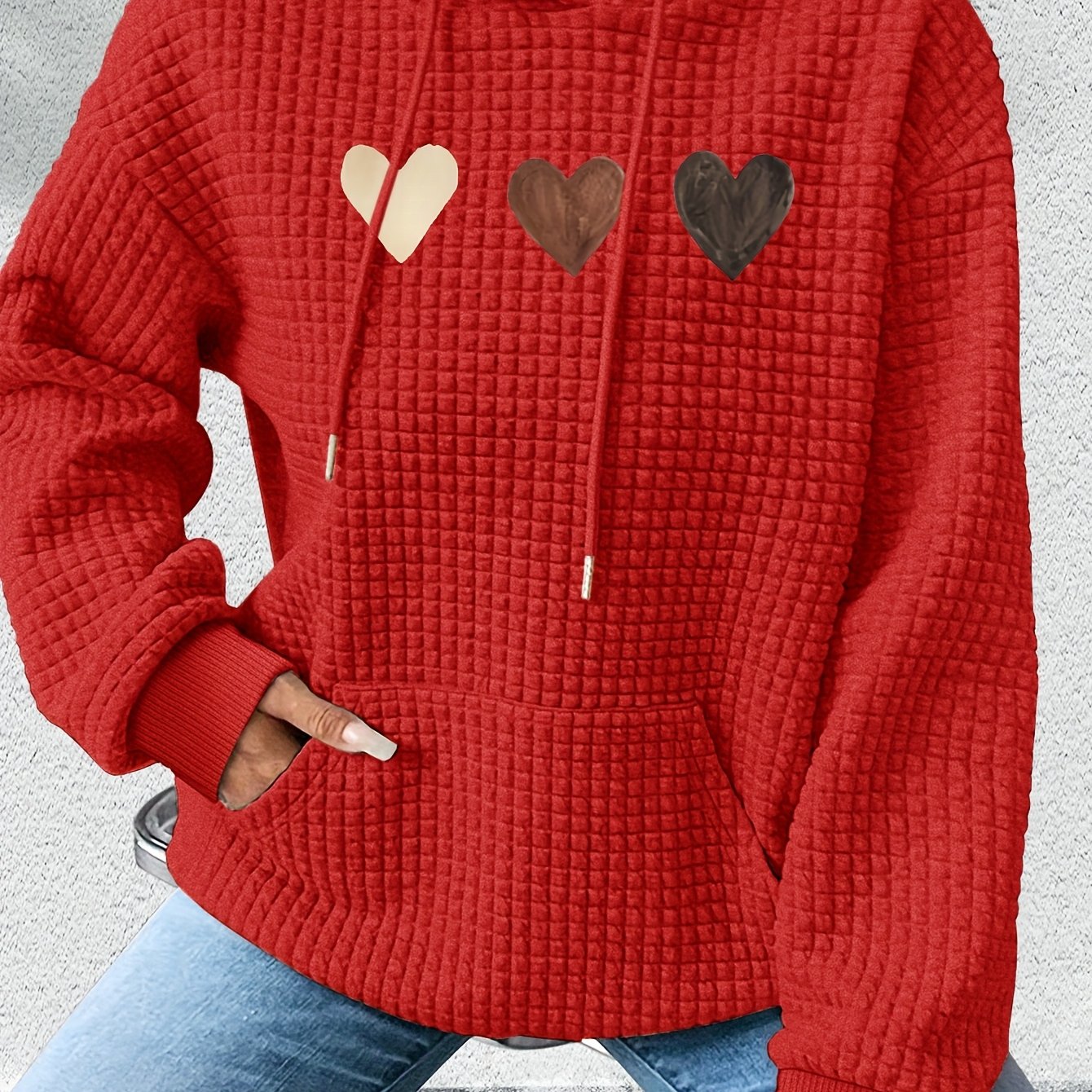 Effortless Heart Print Waffle Knit Hoodie for Women with Drawstring Hood Long Sleeve Oversized Relaxed Style