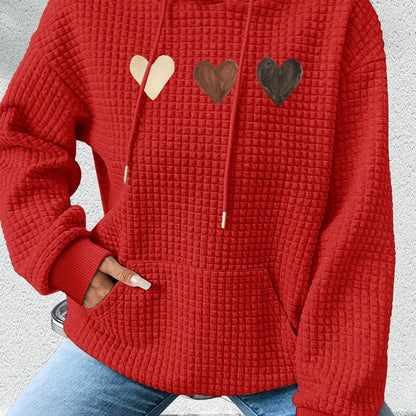 Effortless Heart Print Waffle Knit Hoodie for Women with Drawstring Hood Long Sleeve Oversized Relaxed Style