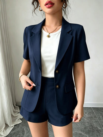 Elegant Tailored Short Suit for Women with Notched Lapel Half Sleeve Button Front Blazer Two Piece Style