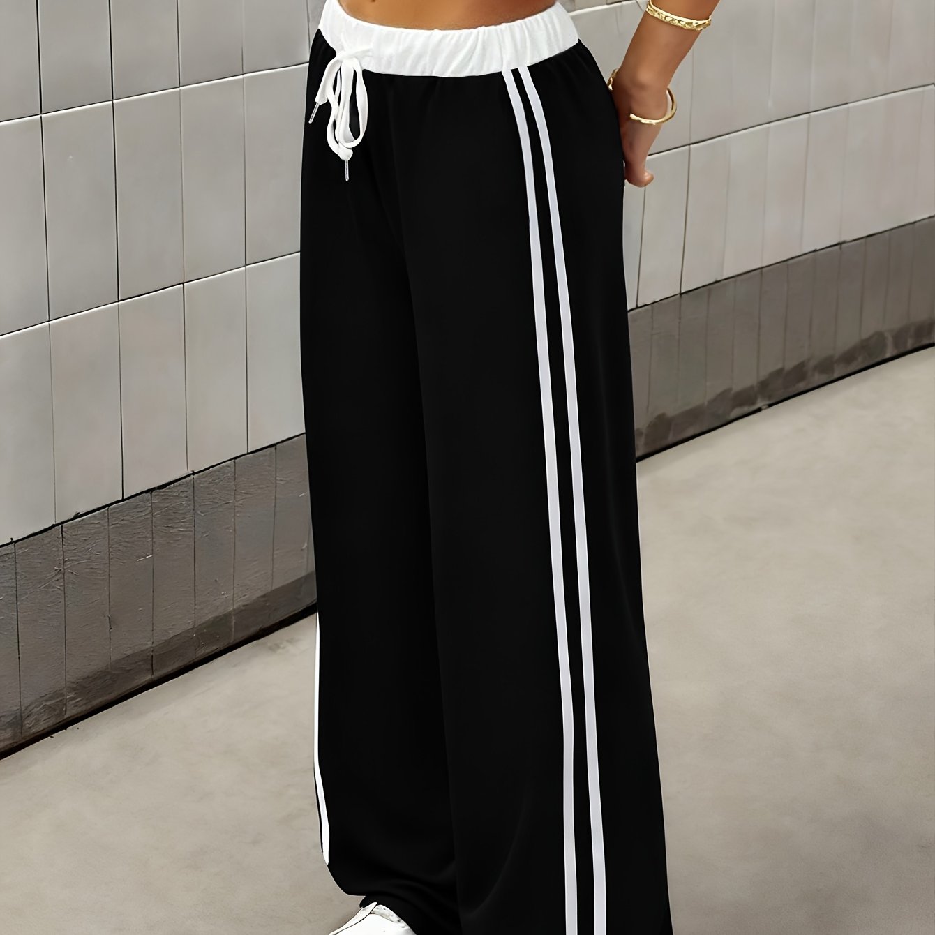 Effortless Side Stripe Wide Leg Pants for Women with High Waist Drawstring Relaxed Track Style