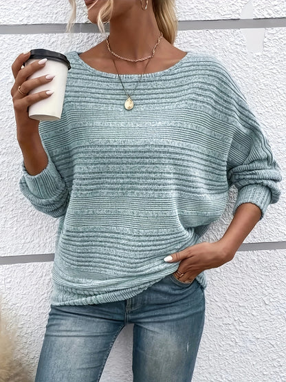 Comfortable Striped Knit Sweater for Women with Boat Neck Batwing Sleeve Ribbed Oversized Style