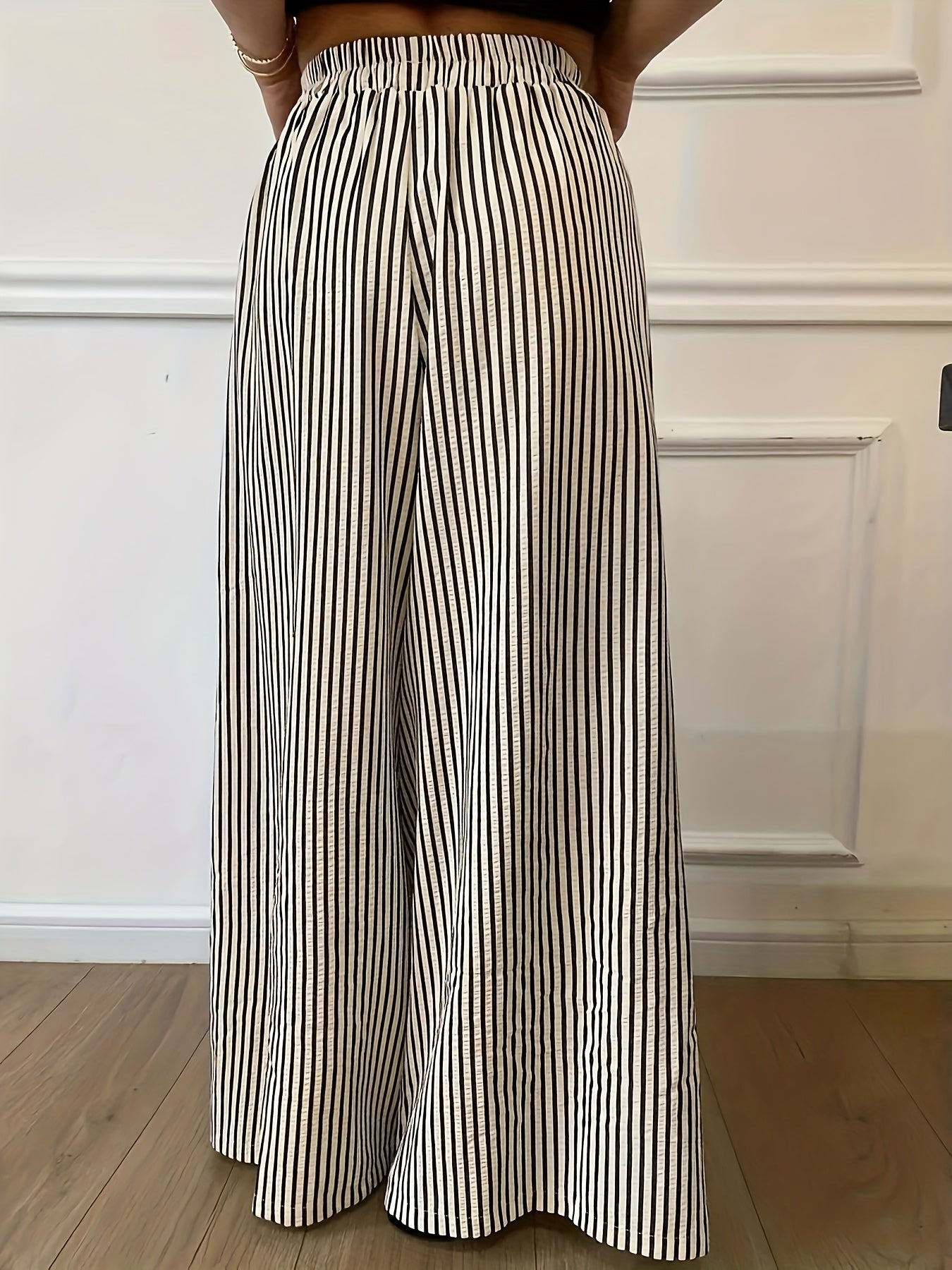 Effortless Apricot Striped Wide Leg Pants for Women with High Waist Flowing Palazzo Casual Style