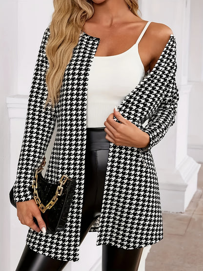Elegant Houndstooth Print Cardigan for Women with Open Front Long Sleeve Longline Duster Style
