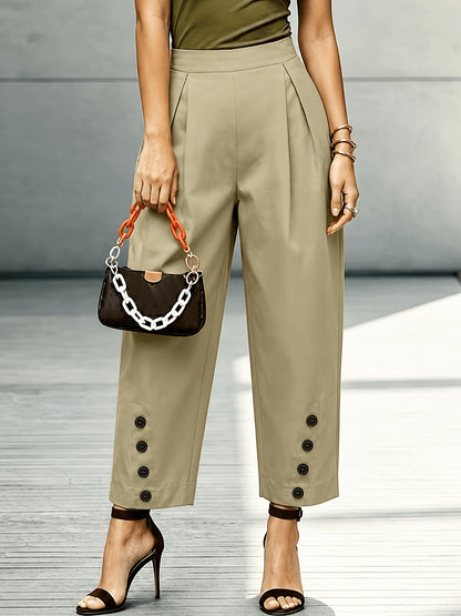 Effortless Khaki Tapered Pants for Women with High Waist Pleated Button Cuff Casual Style