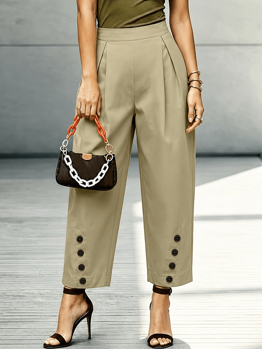 Effortless Khaki Tapered Pants for Women with High Waist Pleated Button Cuff Casual Style