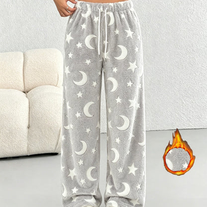 Comfortable Star Print Fleece Pajama Pants for Women with High Waist Drawstring Wide Leg Relaxed Style