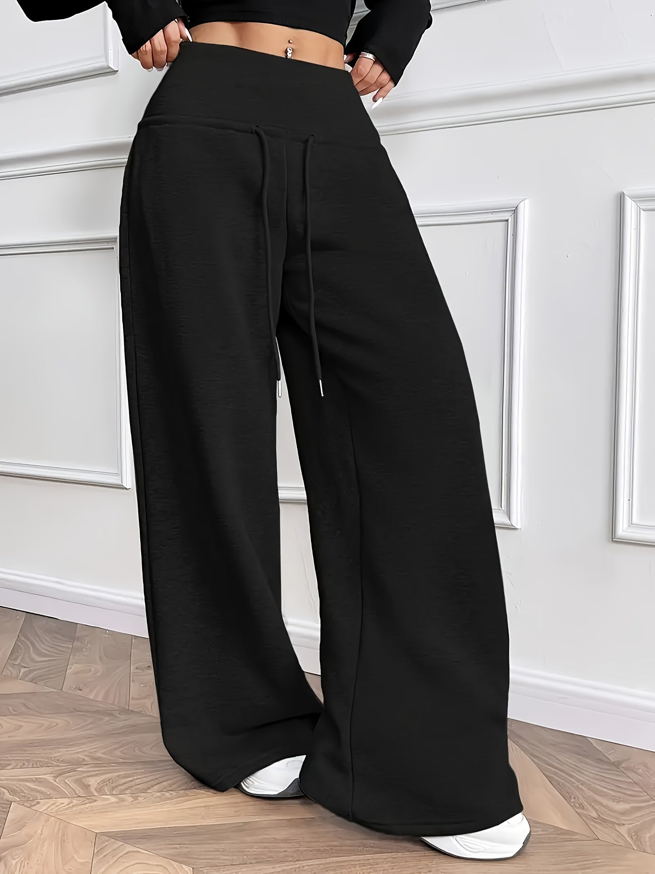 Effortless Fleece Wide Leg Pants for Women with High Waist Drawstring Relaxed Flowing Casual Style