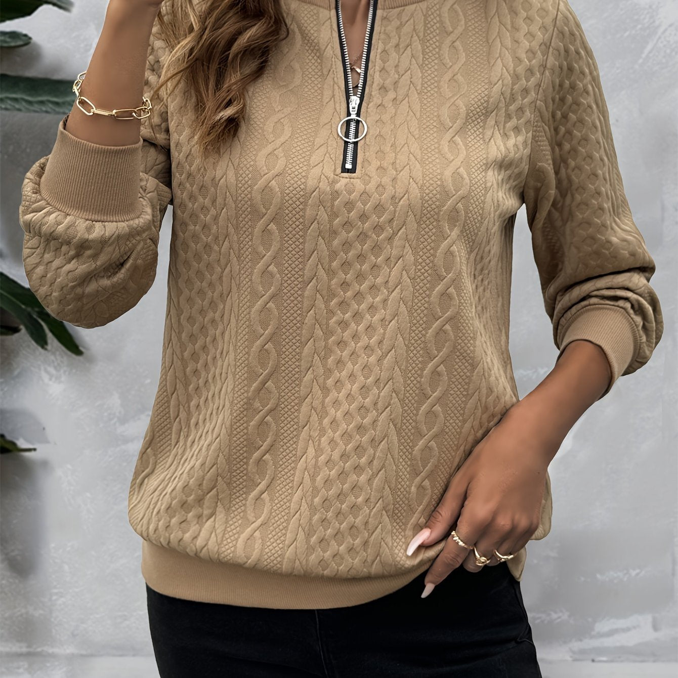 Comfortable Cable Knit Sweater for Women with Quarter Zip Mock Neck Long Sleeve Relaxed Casual Style
