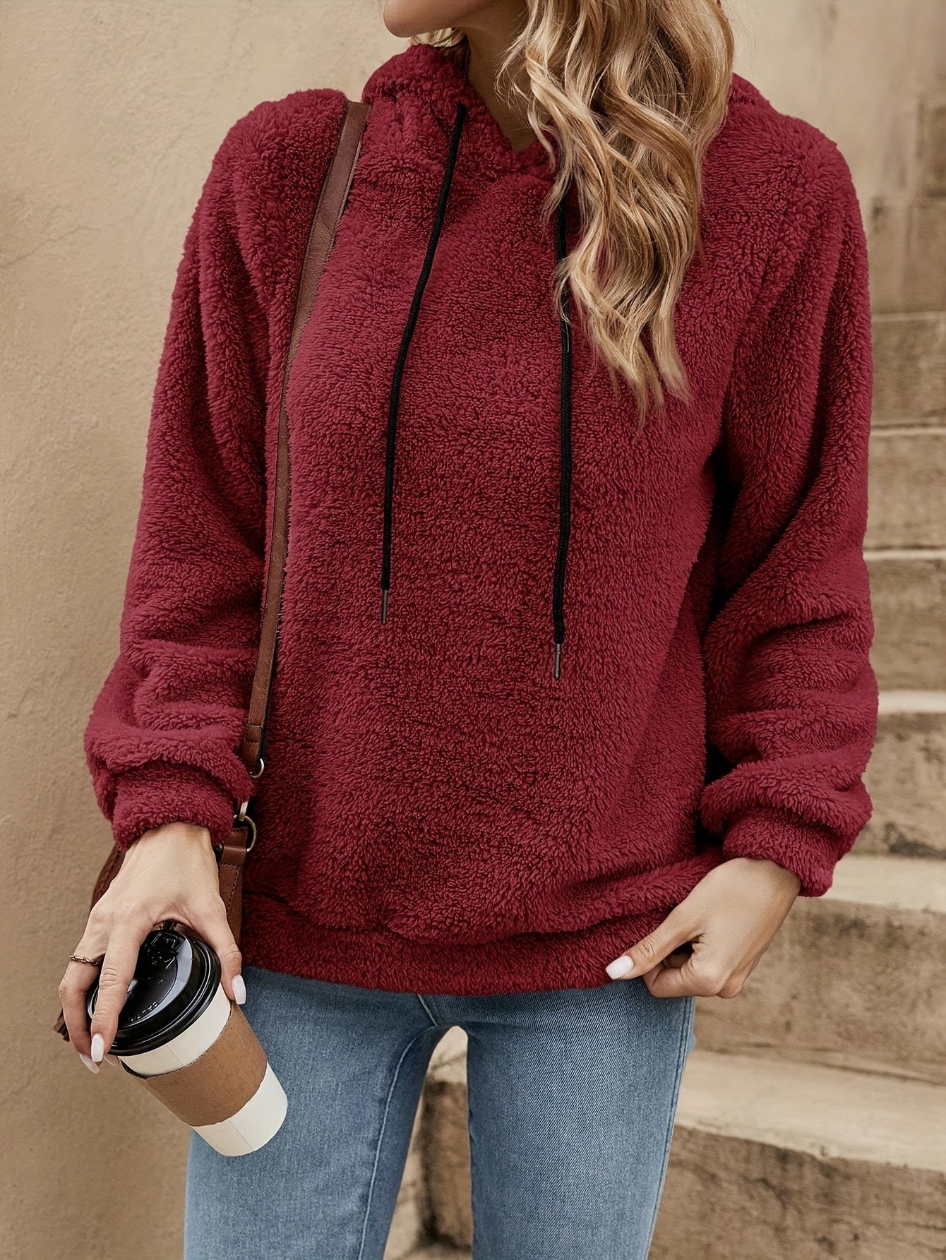 Comfortable Sherpa Fleece Hoodie for Women with Drawstring Hood Long Sleeve Oversized Kangaroo Pocket Casual Style
