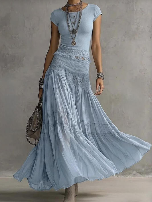 Effortless Blue Lace Two Piece Set for Women with Round Neck Cap Sleeve Tiered Maxi Skirt Bohemian Style