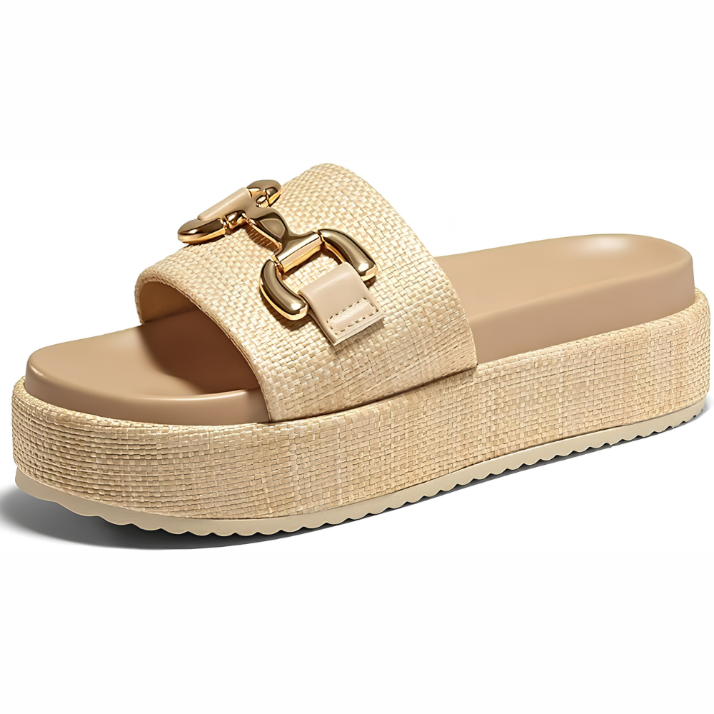Comfortable Slide Sandals for Women with Woven Strap Gold Buckle Detail Platform Open Toe Style