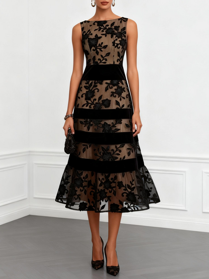 Elegant Black Floral Lace Midi Dress for Women with Boat Neck Sleeveless Velvet Stripe Flowing Style