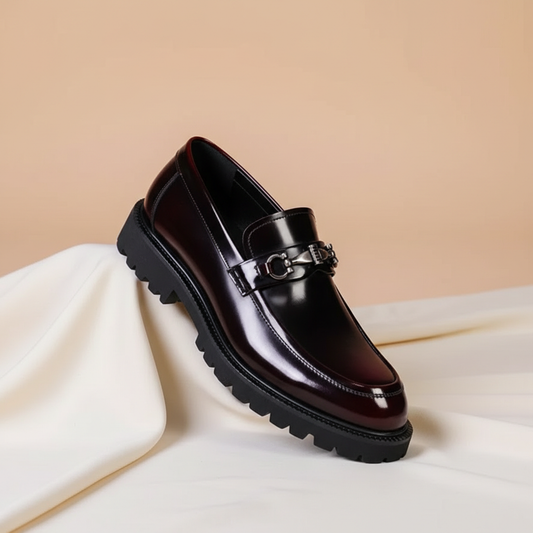 Elegant Leather Loafer for Women with Horsebit Buckle Almond Toe Chunky Lug Sole Style