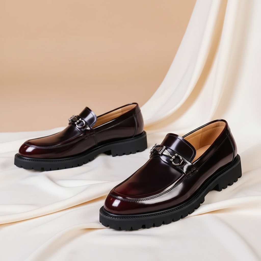 Elegant Leather Loafer for Women with Horsebit Buckle Almond Toe Chunky Lug Sole Style