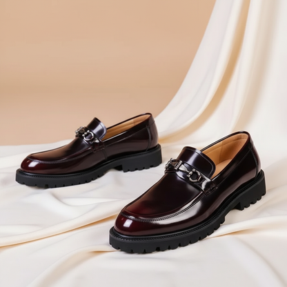 Elegant Leather Loafer for Women with Horsebit Buckle Almond Toe Chunky Lug Sole Style