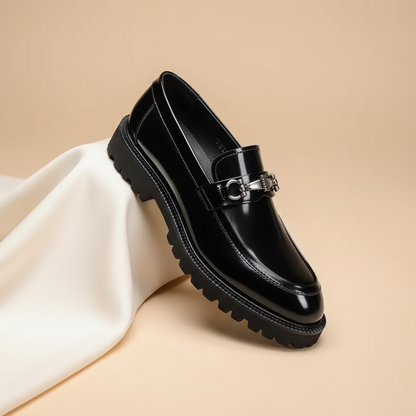 Elegant Leather Loafer for Women with Horsebit Buckle Almond Toe Chunky Lug Sole Style