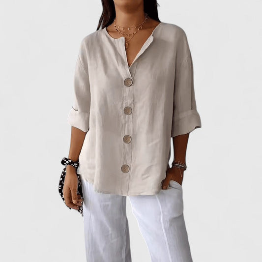 Effortless Linen Blouse for Women with V Neck Elbow Sleeve Button Front Casual Style