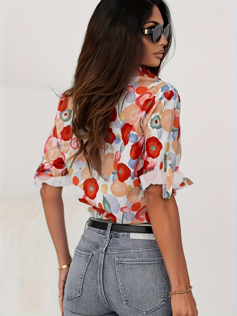 Effortless Multicolor Floral Blouse for Women with Collar Long Sleeve Button Front Relaxed Casual Style