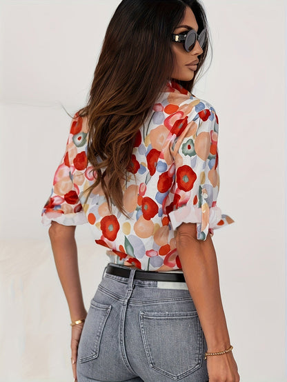 Effortless Multicolor Floral Blouse for Women with Collar Long Sleeve Button Front Relaxed Casual Style