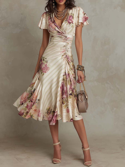 Elegant Ivory Floral Midi Dress for Women with V Neck Flutter Sleeve Ruched Wrap Flowing Wedding Guest Style