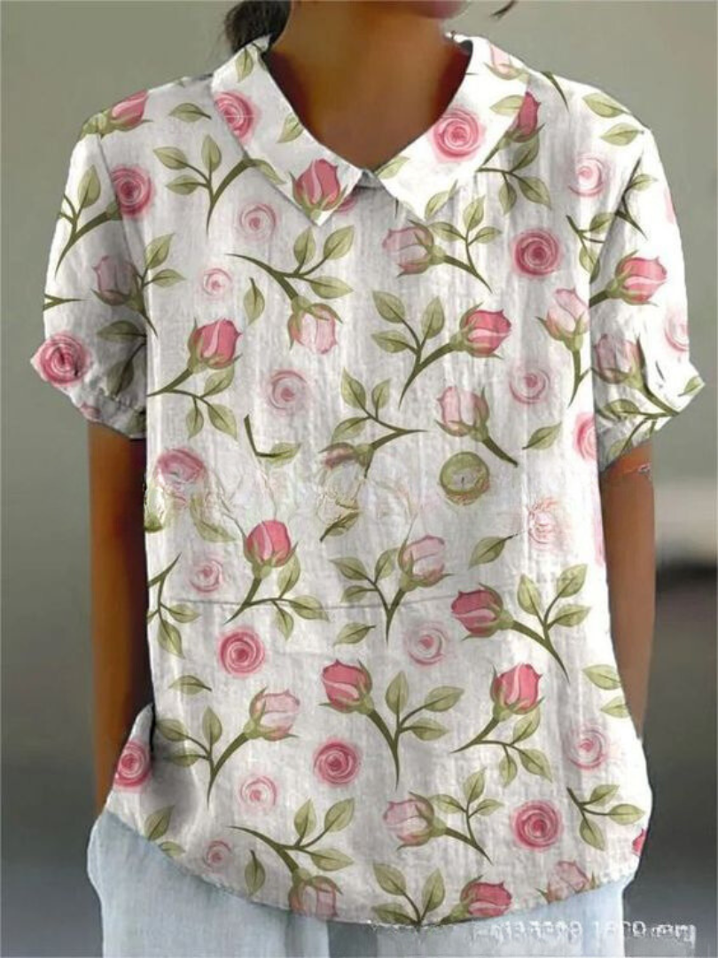 Effortless Floral Linen Blouse for Women with Collar Short Sleeve Relaxed Casual Style