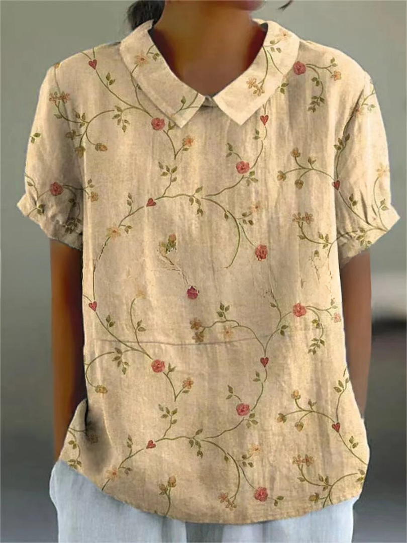 Effortless Floral Linen Blouse for Women with Collar Short Sleeve Relaxed Casual Style