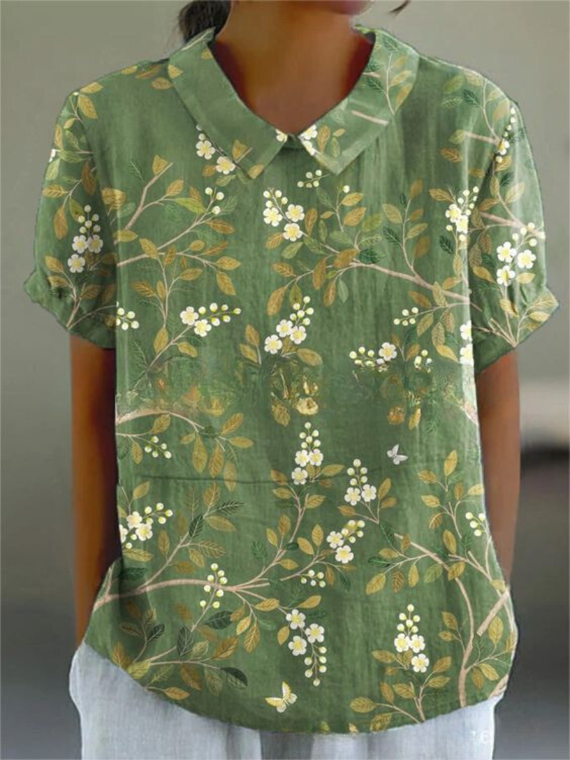 Effortless Floral Linen Blouse for Women with Collar Short Sleeve Relaxed Casual Style